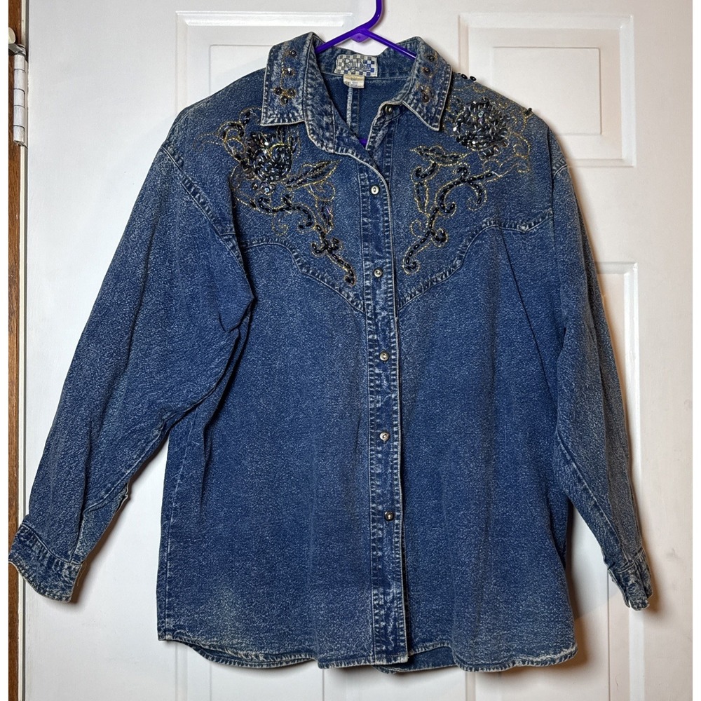 Vintage Polly Bleu‎ Denim Shirt Womens Medium Beaded Sequin Western Acid Wash